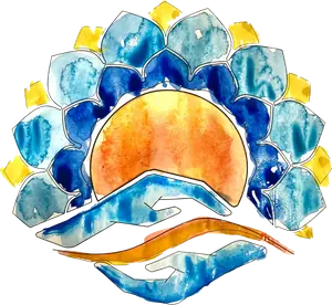 Connecticut School of Reiki logo: a hand-painted watercolor mandala with a rising sun held in two open hands